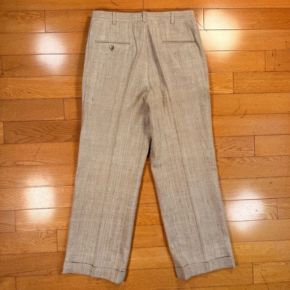VTG‎ Polo Ralph Lauren Mens Beige Textured Linen Pleated Cuffed Trousers 30x28